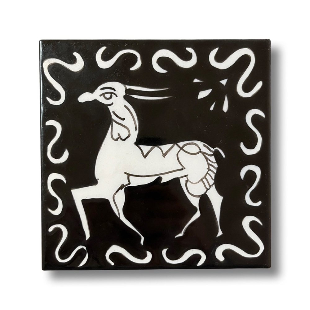 Mettlach Antique Pottery Tile Made in Saar Germany Black & White Medieval Horse